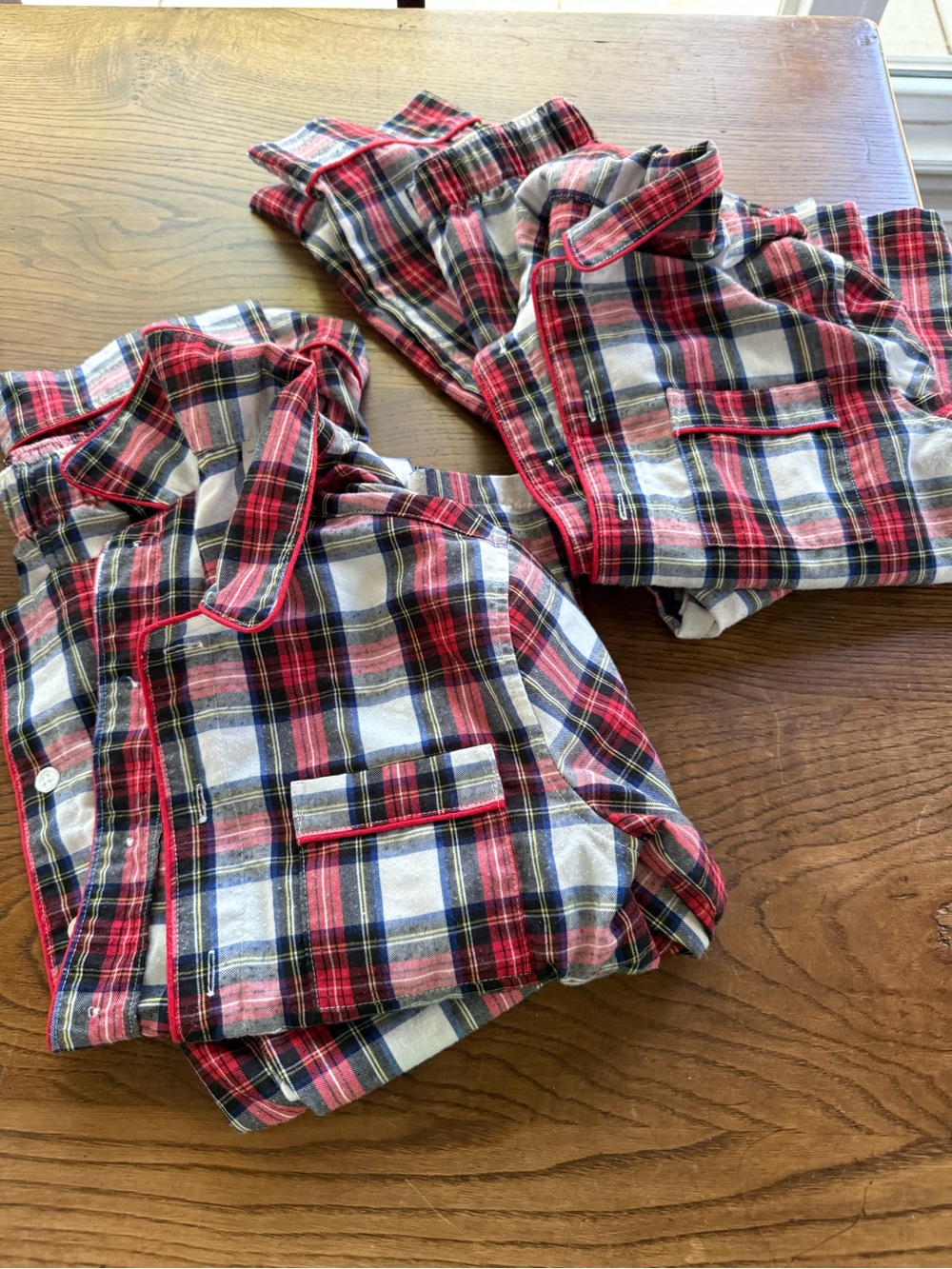 2 sets J Crew Boy’s Pajamas. Plaid Button-Up with red trim.